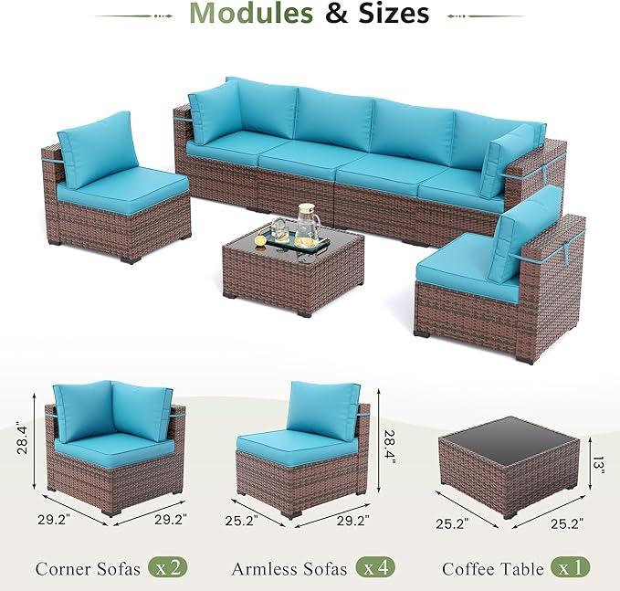 Amopatio Patio Furniture Sets with Waterproof Cover 7 Pieces Patio Conversation Set Outdoor Sectional Wicker Rattan Sofa,Patio Furniture with Pillows Fits Porch Garden Backyard Balcony(Sky-Blue)