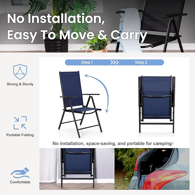 PHI VILLA Round Outdoor Dining Set for 4 with Folding Chairs, Blue | Light-weight & space-saving, Breathable & quick-drying, Metal Table, Umbrella Hole, Weather-Resistant, Adjustable, Patio deck