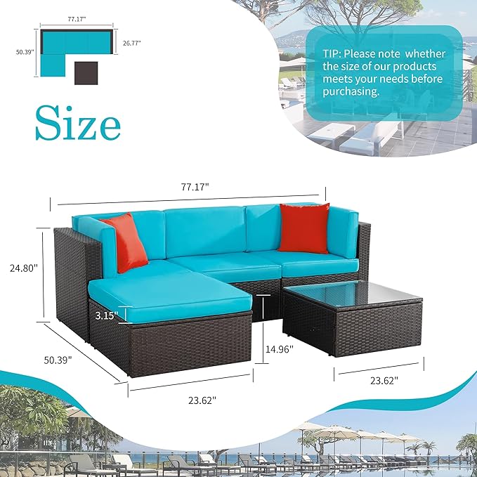 Shintenchi 5 Pieces Patio Furniture Sets Outdoor All-Weather Sectional Patio Sofa Set PE Rattan Wicker Patio Conversation Set with Glass Table&Ottoman Cushion, Blue