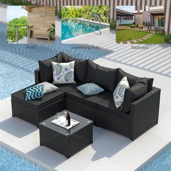 GOJOOASIS Patio Furniture Set Outdoor Sectional Sofa with Ottoman Wicker Couch Rattan Modular Seating Conversation Sets Porch Decor for Backyard, Balcony, Garden (Black)