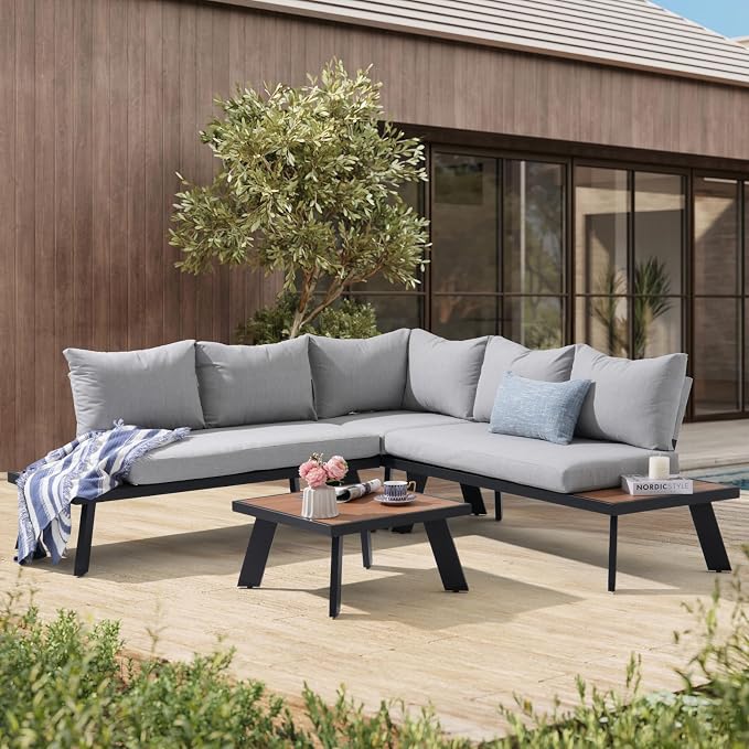 SUNSITT 4-Piece Outdoor Patio Furniture Set L-Shaped Aluminum Sectional Sofa with Faux Wood Grain Top Coffee Table, All-Weather Patio Conversation Set with Cushions, Light Grey