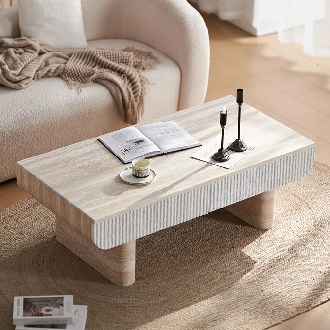 46.85" Faux Marble Coffee Table with Drawer Faux Travertine Pattern Rectangular Coffee Table for Living Room Wood Center Table Accent Tea Table for Apartment Office, Mars Pattern