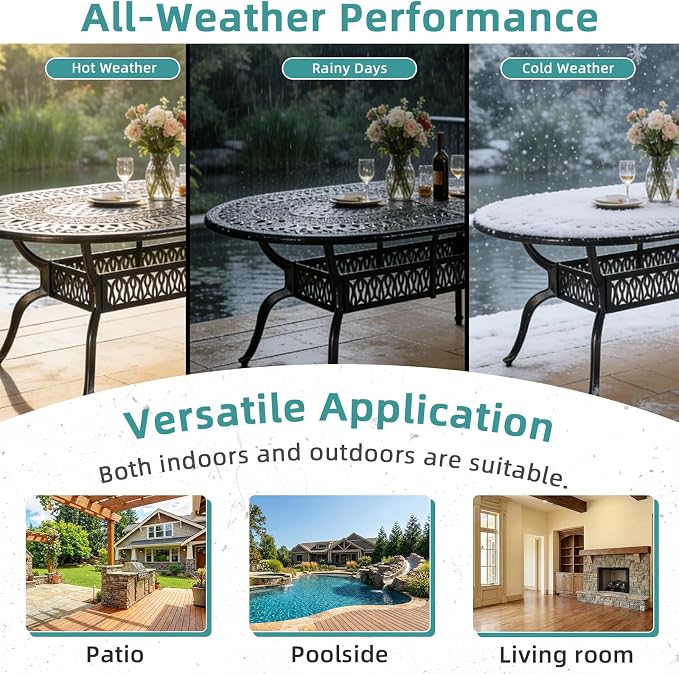 MEETWARM 84"x44" Cast Aluminum Patio Dining Table, Weather-Resistant Large Outdoor Dining Table for 8 Person, Patio Furniture Oval Table with Umbrella Hole and Adjustable Foot Pads, Dark Bronze