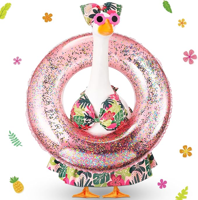 FuWeave Bikini Porch Goose Outfits with Sunglasses and Swimming Tube for 23" Hawaiian Flower Summer Goose Costume Garden Patio Statue Decor