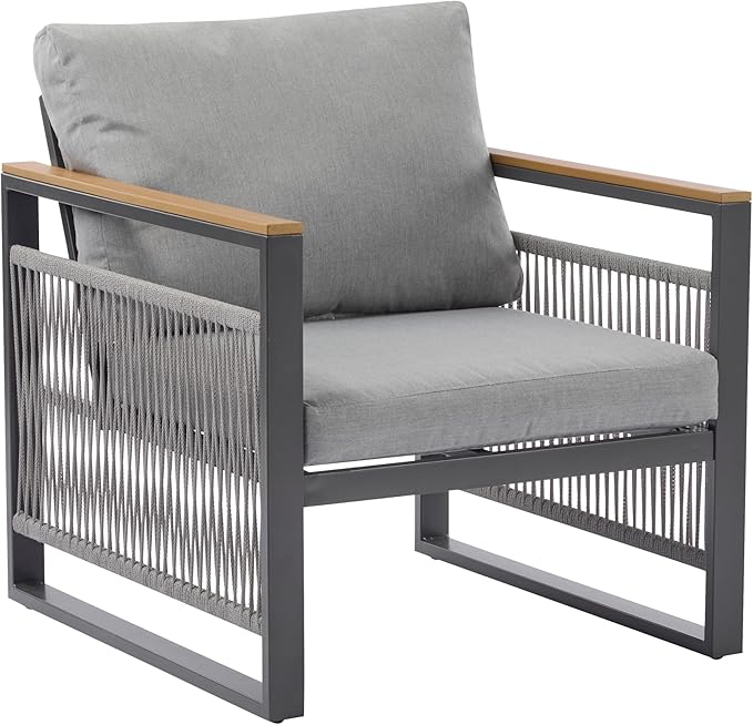 Christopher Knight Home Lena Patio 4 Pieces Conversation Set, Rope Woven Club Chairs and 3 Seater Sofa, Metal Frame Armchair, Slat Panel Coffee Table, Furniture Set for Backyard Garden Poolside, Gray