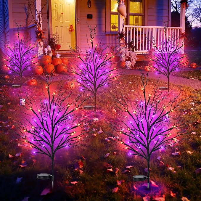 Halloween Solar Pathway Lights 4PCS, Halloween Outdoor Decorations, Artificial Tree Waterproof LED Lights for Lawn Yard Garden Driveway Porch Walkway, Auto On/Off