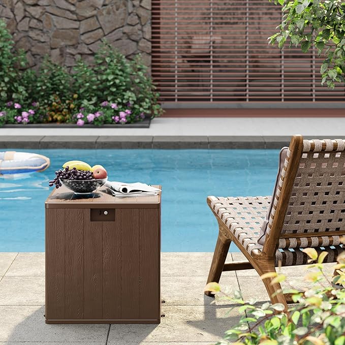 Patikuin 28 Gallon Outdoor Resin Deck Box, Weatherproof & UV Resistant Storage Bench with Lockable Lid, Handles, Imitation Rattan/Wood Pattern, Brown