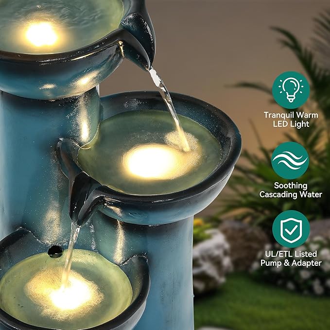 27" Outdoor Water Fountain with LED Lights, 3-Tier Cascading Faux Ceramic Column Water Feature with Pump for Garden Patio Backyard, Weather-Resistant Resin Waterfall for Serene Oasis, Blue