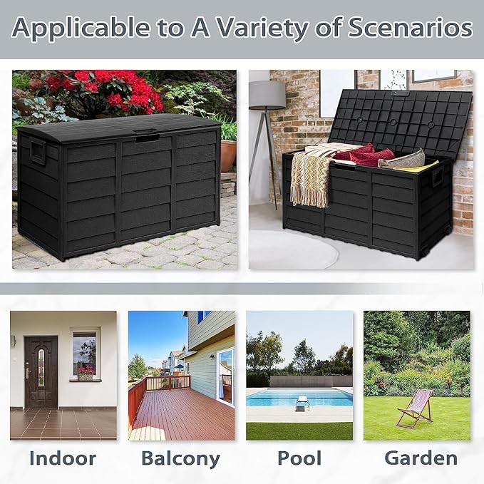 Patio 75 Gallon Resin Deck Box, Organization and Storage, Outdoor Storage Container With Handles and Wheels, Waterproof Outdoor Storage Box（Black