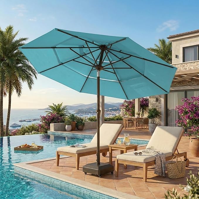 10ft Patio Umbrella, 3 Tier Outdoor Market Table Umbrellas with 8 Fiberglass Ribs and Push Button Tilt, Windproof, Vented Canopy, UV Protection for Deck, Pool, Backyard