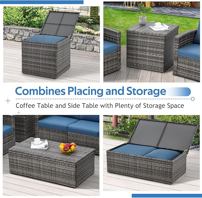 U-MAX 7 PCS Outdoor Patio Furniture Sets w/Two Storage Boxes, Outdoor Conversation Set PE Wicker Sectional Sofa Patio Sofa for Garden, Deck, Grey Rattan& Blue Cushions