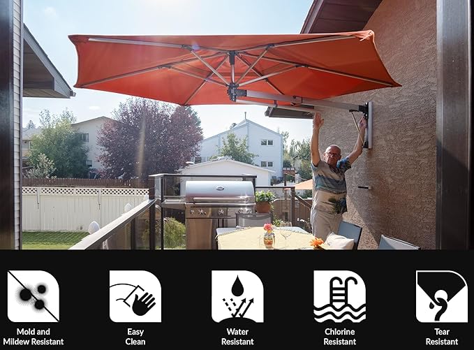 ShadowSpec Retreat Patio Umbrella, Large 9FT Hexagon Wall Mount Umbrella for Balcony, Apartments, And Outdoor Patio