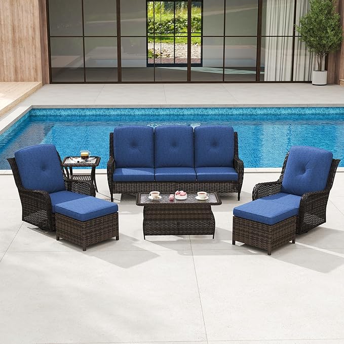 kinbor Outdoor Sectional Furniture - Outdoor Patio Conversation Sets, 7 Pieces Outdoor Sectional Sofas with Swivel Rocking Chair, Brown Wicker Rattan Patio Furniture Set, Navy Blue