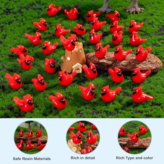 60 PCS 6 Styles Glossy Mini Red Resin Cardinal Bird Figurines, Tiny Bird Miniature Dollhouse Accessories, Bulk Christmas Ornaments for Xmas Gift Mini Garden Cake Topper Decor