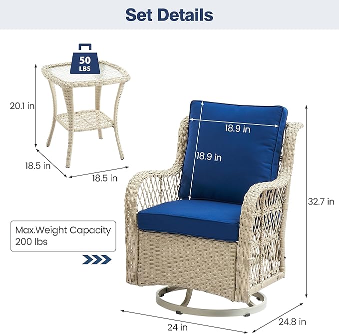 GarveeHome 3 Piece Outdoor Patio Set, Wicker Rocking Bistro Set with 2 Swivel Chairs & Tempered Glass Top Table, Rattan Outdoor Furniture with Cushions for Patio Porch Backyard