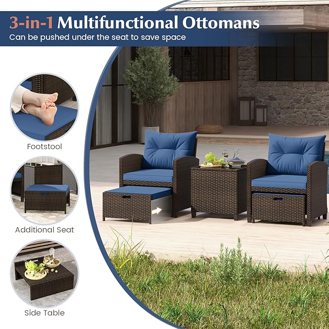 COSTWAY 5-Piece Rattan Conversation Set, Outdoor Sofa, Tempered Glass Coffee Table & Ottomans for Small Space, Boho Chic Indoor/Outdoor Furniture for Patio, Living Room & Apartment (Navy)