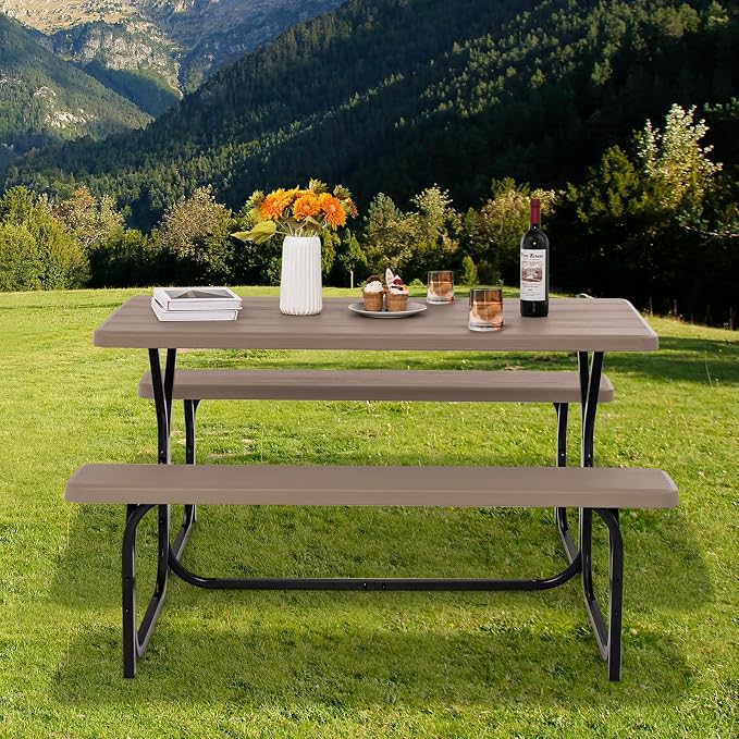 Picnic Table, Camping Portable Picnic Table Bench Set for 4 Persons, Heavy-Duty Steel Frame & Resin Tabletop, All Weather Outdoor Picnic Tables for Patio Travel BBQ Party Garden (Brown)