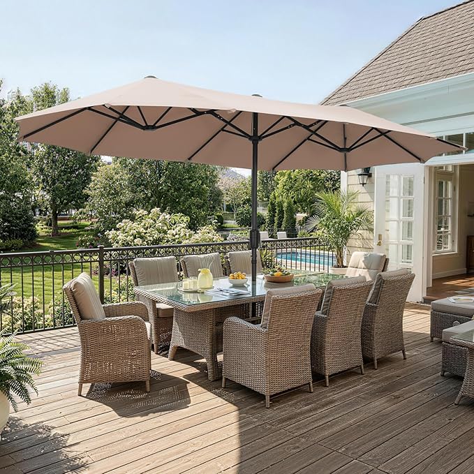 13 ft Patio Umbrella, Large Rectangle Outdoor Umbrella with Strap, Crank, Khaki
