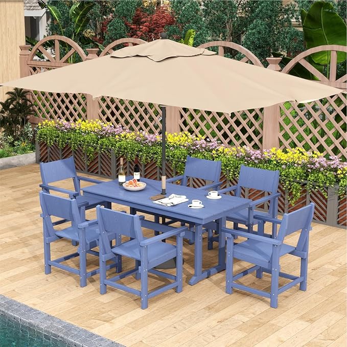 7-Piece HDPE Outdoor Patio Dining Set,Outdoor Table and Chairs,Modern Plastic Dining Sets with Umbrella Hole Cut-Out Table and 6 Chairs Navy