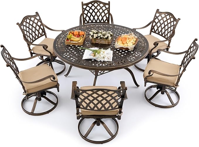 Outdoor Dining Set Cast Aluminum Retro Patio Dining Set with Thicker Cushion and Umbrella Hole for Patio Deck (Bronze Swivel Chair(Lattice), 7 Pcs(54" Round Table))