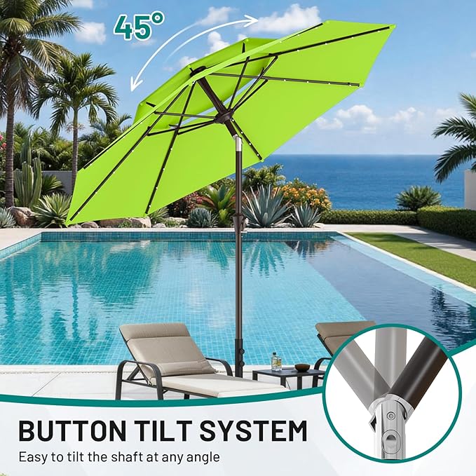 AreShark 9ft 2 Tiers Patio Umbrella with Solar Lights, Outdoor Umbrella w/ 32 LED Lights&8 Sturdy Ribs, Table Umbrella for Deck, Backyard, Pool(Apple Green)