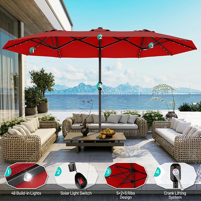 AreShark 13 FT Patio Umbrella with Solar Lights, Double-Sided Outdoor Table Umbrellas with Crank, Large Rectangular Market Umbrella for Porch, Lawn, Pool, Backyard, Red
