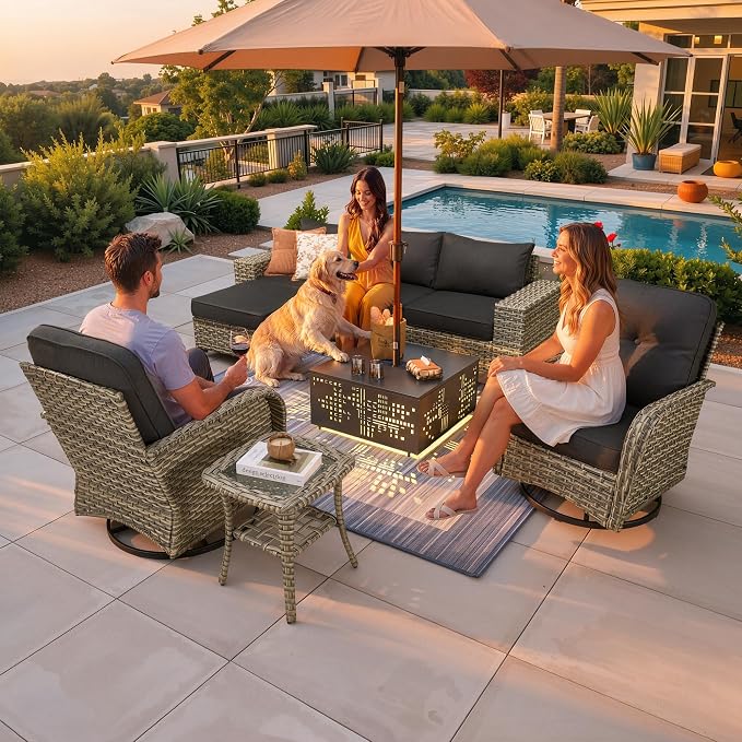 CAODOC 8-Piece Patio Furniture Set with L-Shape Sofa Chaise, Outdoor Sectional Couch Solar Table, Modern Modular Wicker Rattan Conversation Set