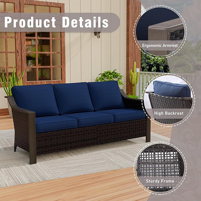 74 Inch Patio 3-Seater Sofa,PE Wicker Outdoor Lounge with Thick Removable Water-Resistant Cushions, Rust-Proof Steel Frame, 900LBS Capacity, Blue