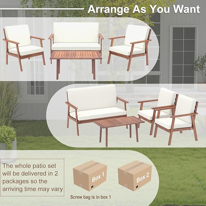 Tangkula 4 Piece Outdoor Conversation Set, Acacia Wood Sofa Set with Soft Seat & Back Cushions, Rectangle Coffee Table Patio Wood Furniture Set for Backyard, Poolside, Garden (1, Off White)
