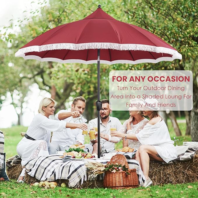 9' Patio Umbrella with Burgundy Canopy and White Fringe Accents, Black Frame Market Umbrella for Patio, Deck, and Backyard by Sun-Ray