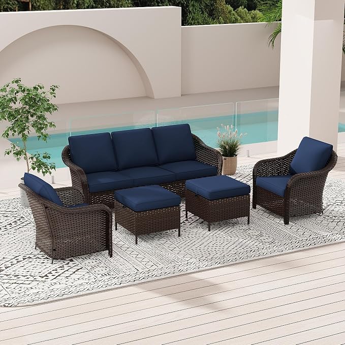 5 Piece Patio Wicker Conversation Set, All-Weather Use Outdoor Wicker Sofa with 2 PE Rattan Ottomans,2 Chair, Ideal for Porch, Backyard, Balcony, Poolside, Blue
