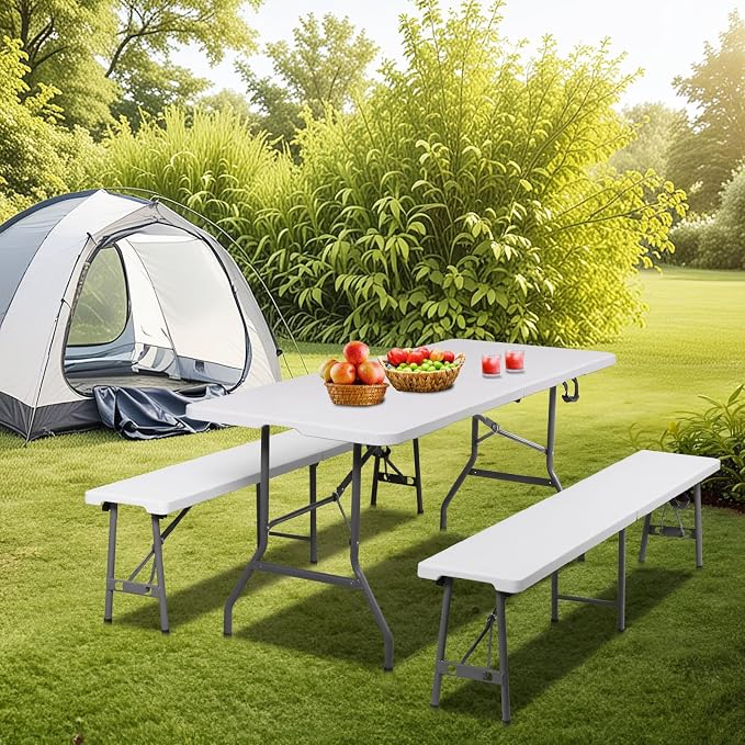 SUPER DEAL Folding Table Set with 2 Benches, 6 FT Camping Picnic Table Set, Outdoor Indoor Portable Furniture for Working Meeting Wedding Party w/Handle and Safety Lock, White