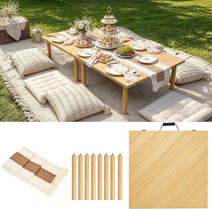 60" x 30" Low Picnic Table with 8 Wooden Legs Boho Table Runner Folding Picnic Table Portable for Indoor Outdoor Use Ideal for Backyard Picnic Beach Weddings Garden Parties (Herringbone)