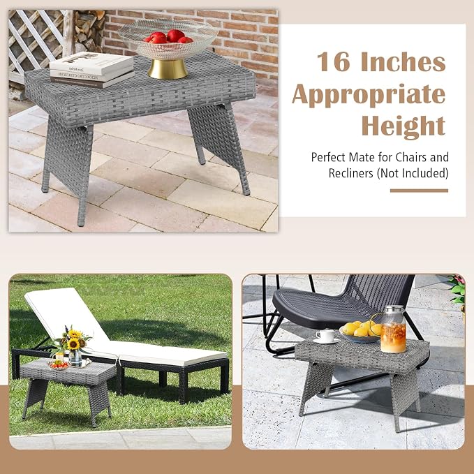 DREAMADE Rattan Side Table, Folding Small Patio Wicker Desk Outdoor Deck Furniture w/PE Rattan, Robust Metal Structure, Outdoor Coffee Table for Patio, Deck, Yard, Poolside, Garden, Balcony (Gray)