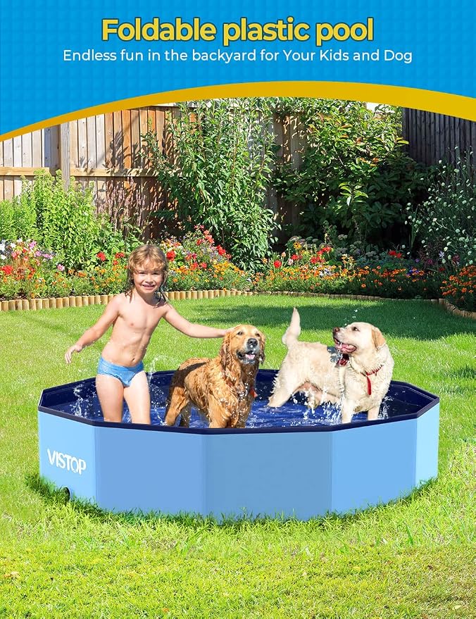 VISTOP Large Foldable Dog Pool, Hard Plastic Shell Portable Swimming Pool for Dogs Cats and Kids Pet Puppy Bathing Tub Collapsible Kiddie Pool (57inch.D x 11.8inch.H, Blue)