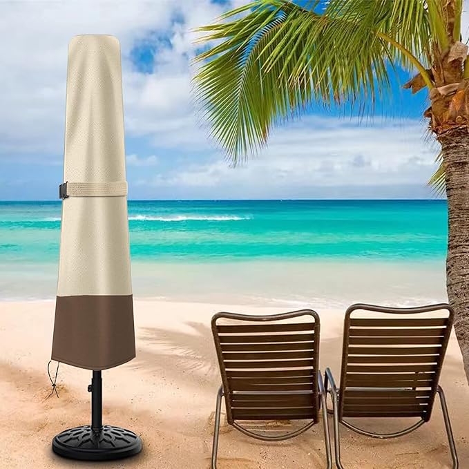 Patio Umbrella Cover - Heavy Duty 600D Oxford, Waterproof, Fits 7ft to 10ft Umbrellas, Outdoor Garden Parasol Cover with Push Rod, Beige & Brown