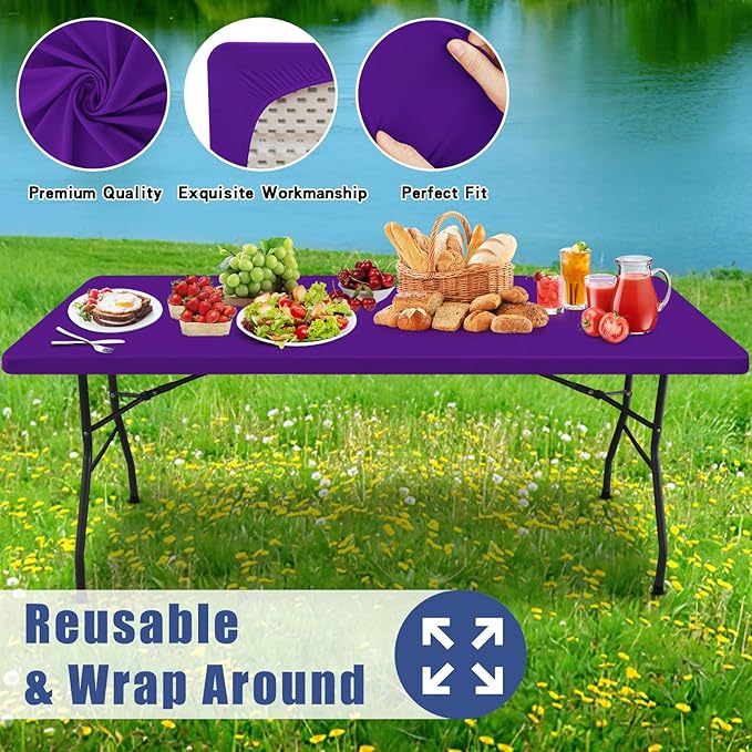 Moosfor Spandex 5 Foot Rectangle Table Cloth 2 Pack, Elastic Fitted Tablecloths for Picnic, Stretch Washable Patio Table Cover for Outdoor, Camping, Banquet and Parties (Purple, 30"x60")