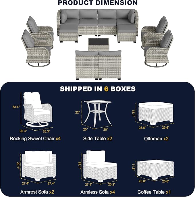 15-Piece Outdoor Patio Furniture Set with Rocking Swivel Chair, Wicker Rattan Sectional Sofa Conversation Set with Tempered Glass Table with Ottomans, Backyard Furniture, Grey