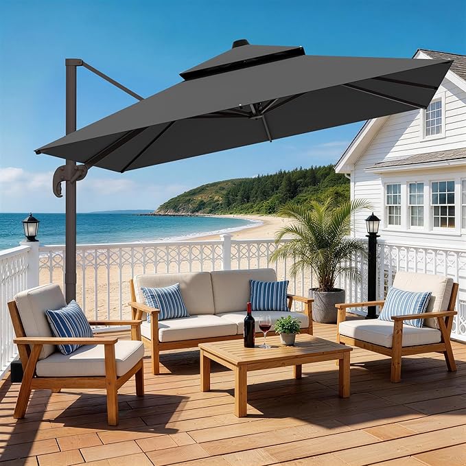 HASLE OUTFITTERS 10x10 FT Patio Cantilever Umbrella with Base, Outdoor Offset Large Rectangular Heavy Duty Double Top Umbrellas with 360° Rotation for Pool Garden Deck，Grey