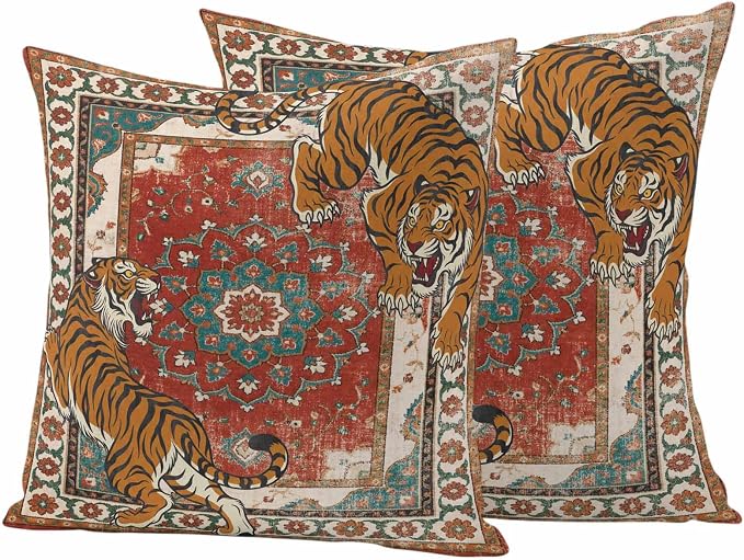 Tiger Print Outdoor Pillow Covers 18"x18" Set of 2, Boho Vintage Animal Orange Red Floral Geometric Waterproof Throw Pillow Covers for Patio Furniture, Decorative Cushion Covers for Porch