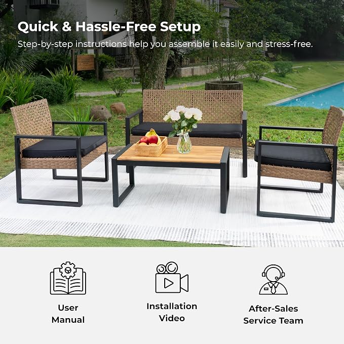 5-Piece Boho Patio Furniture Set, PE Rattan & Acacia Wood Outdoor Conversation Set for Porch, Garden, Backyard, Balcony