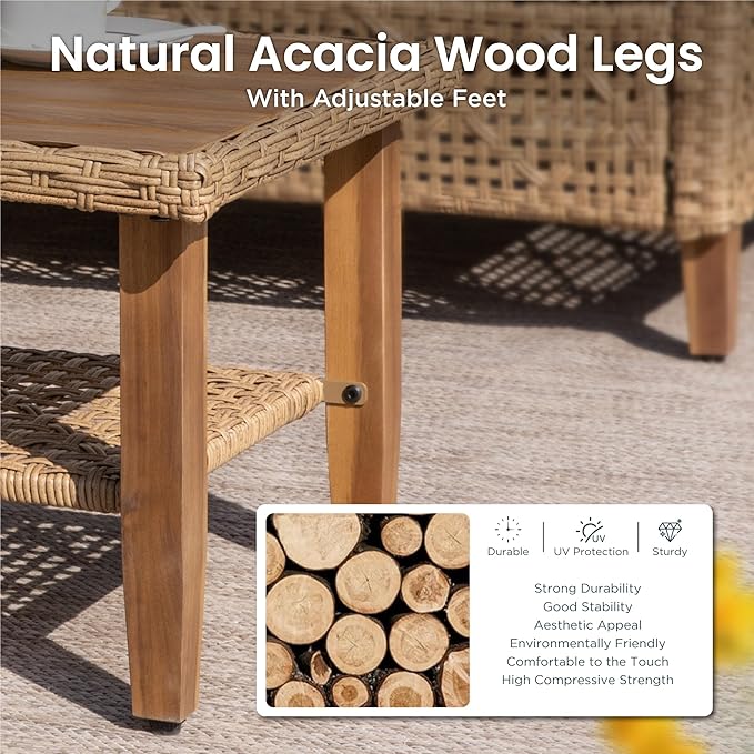 PHI VILLA Wicker Patio Furniture Set, Outdoor Sectional Couch with Cushions and Acacia Wood Coffee Table, U-Shaped Patio Conversation Set for Deck or Porch, 6 Seats, Beige