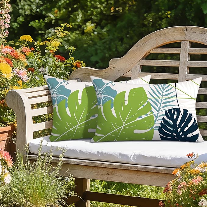 OTOSTAR Outdoor Waterproof Throw Pillow Covers 12x20 Inch Set of 2 Double-Sided Light Green Blue Tropical Leaf and Flower Spring Summer Decorative Pillow Cases for Patio Funiture Garden Balcony Couch