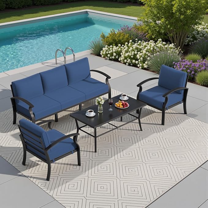 Kullavik Aluminum Patio Furniture Set,4 Piece Modern Metal Outdoor Patio Furniture w/5.1'' Thick Cushion and Rectangular Coffee Table,Patio Conversation Sets for Porch,Deck,NavyBlue