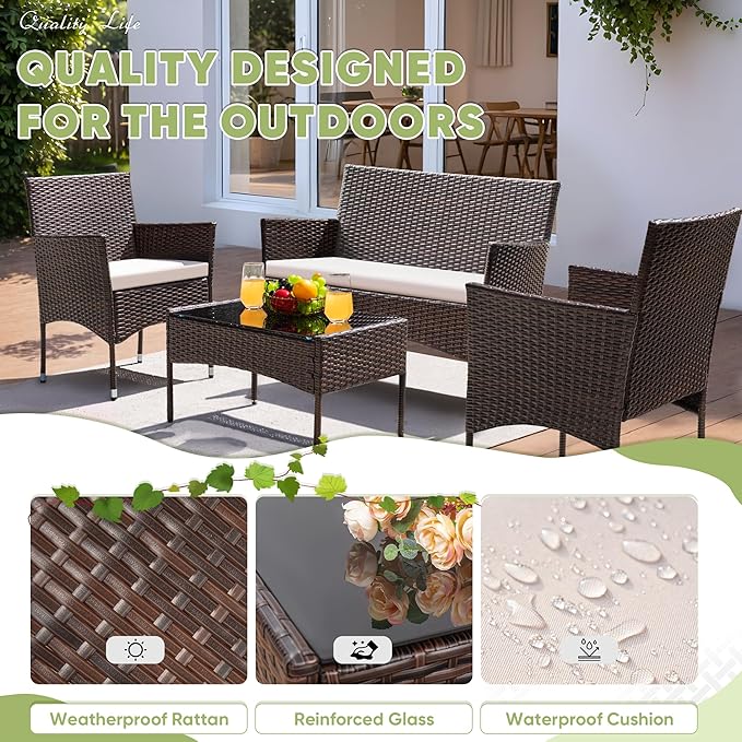 Greesum Patio Furniture 4 Pieces Conversation Sets Outdoor Wicker Rattan Chairs Garden Backyard Balcony Porch Poolside loveseat with Cushion and Glass Table, Brown and Beige