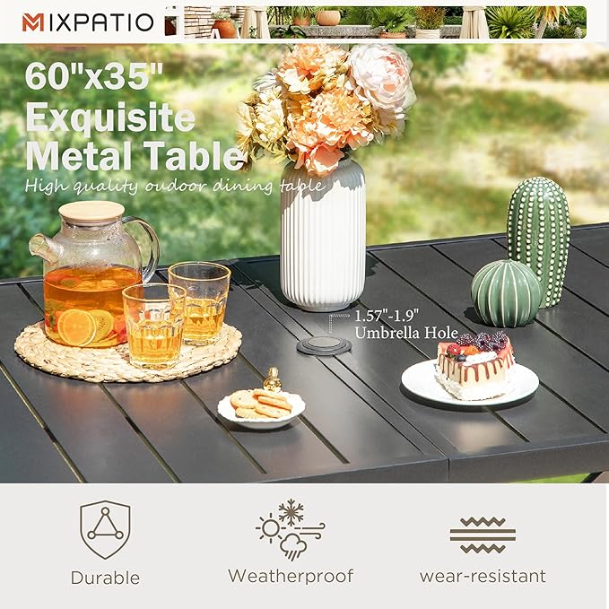 MIXPATIO 7 Pieces Outdoor Dining Set for 6, Patio Dining Set Wicker Rattan Chairs with Soft Cushion and Metal Rectangular Table, Wicker Patio Table and Chairs for Backyard Porch