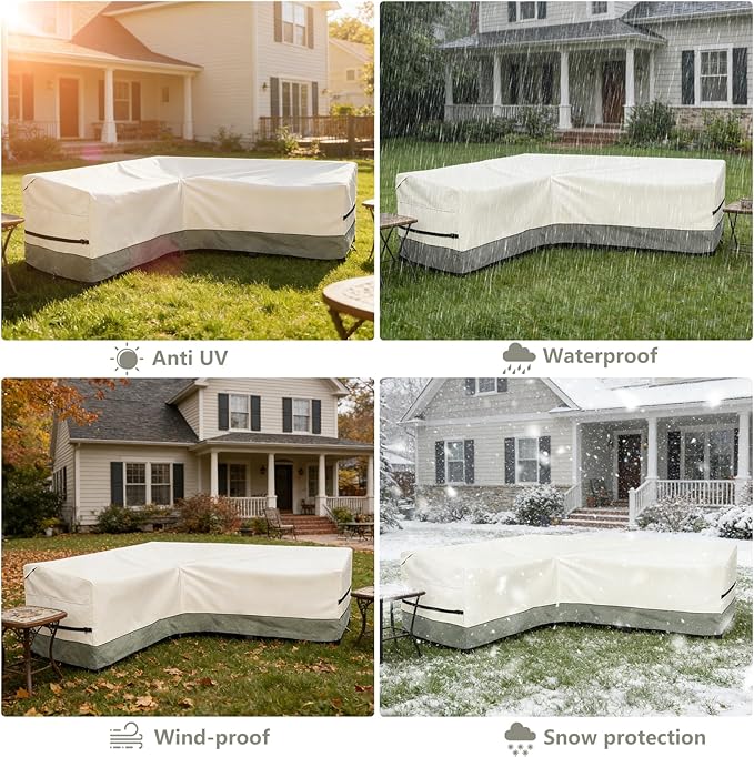 okcool Outdoor Sectional Sofa Cover Waterproof-L-Shaped Patio Furniture Covers for 6-Seater Outdoor Sectional Furniture Couch 85"(110''L) x 32''D x 31''H,White&Grayish Green