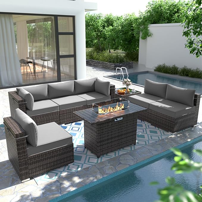 8 Piece Patio Furniture Set with 43" Fire Pit Table, Outdoor Sectional Sofa Set Heavy Duty Wicker Furniture Set with 2 Waterproof Covers