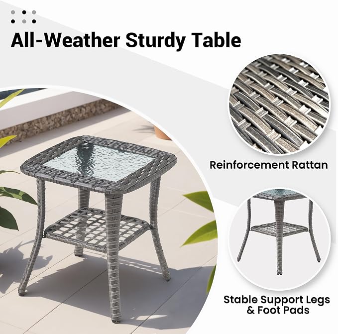 ovios Outdoor Patio Side Table with Tempered Glass Top Wicker Coffee Tables for Garden Porch Yard Deck Balcony, Grey Rattan