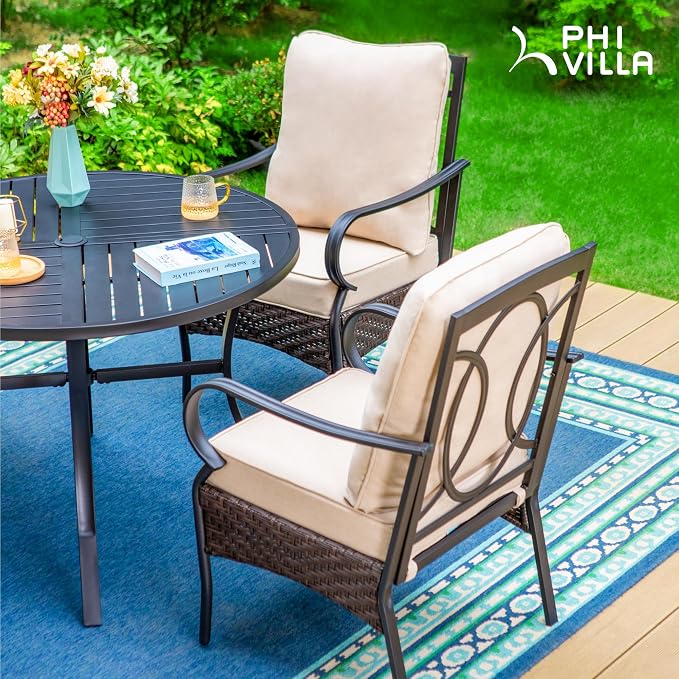 PHI VILLA Patio Dining Chairs Outdoor Wicker Chairs Set of 2 with Cushions | Heavy Duty Outdoor Metal Wicker Dining Chair with Padded Cushions, Large All Weather Wrought Iron Patio Chair for Balcony